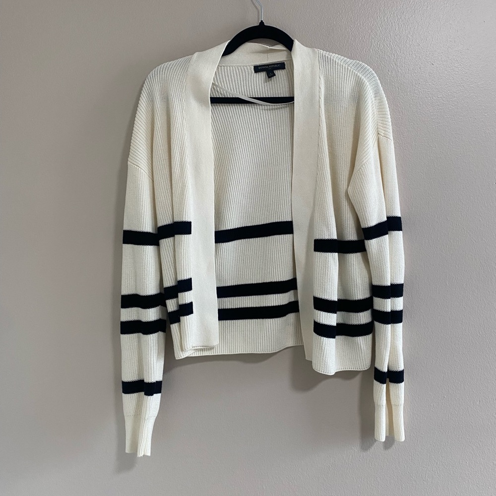 Banana Republic White & Black Stripe Ribbed Cardigan Sweater Size Small
